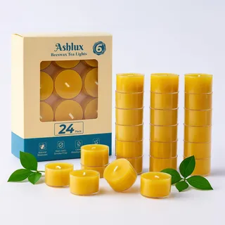Ashlux Bienenwachskerzen – 24 Stück, 100% reines Bienenwachs Teelichter, 6 Stunden Brenndauer, Rauchfrei & Tropffrei, Gelb, für Hochzeit, Party und Zuhause