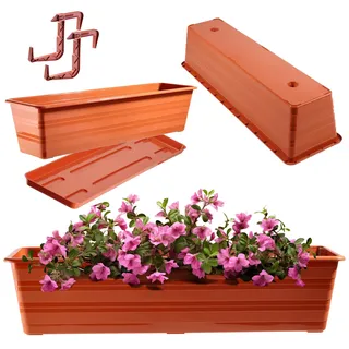 KADAX Blumenkasten 60 cm mit Untersetzern und 2 Griffen Terracotta, Balkontopf aus Kunststoff, Witterungsbeständiger Pflanz-Kasten, Blumentopf, Geländerkasten für Blumen, Kräuter
