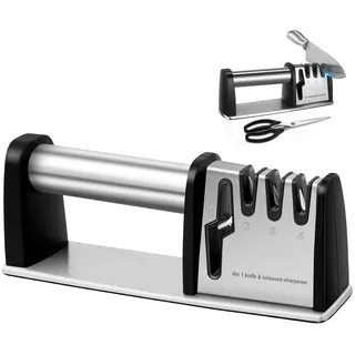 Profi Messerschärfer mit Edelstahlfuß und -griff, 4 in 1 der Multifunktionsschärfer für Messer und Scheren, ergonomisch und effizient, Knife Sharpener