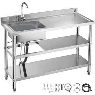 VEVOR Spültisch Spülbecken Edelstahl (120 x 50 x 94 cm), Einzelbecken mit Wasserhahn & 2 Ablagefächern, Küchenspüle für Garage Restaurant, Waschtisch Außenspüle mit Arbeitsplatte (recht)