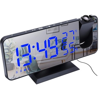 ThreeH Projektionswecker Radio Digitaler Wecker 4 Dimmer & 180° drehbar & 2 Töne 7,4'' großes Spiegeldisplay Schwarz-Blau