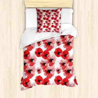 ABAKUHAUS Blumen Mantele, Mohnblumen Leuchtende Farben, Milbensicher Allergiker geeignet mit Kissenbezügen, 135 cm x 200 cm - 80 x 80 cm, Vermilion Schwarz Weiß - Schwarz
