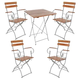 Biergarten Set Klapptisch + 2 Klappstühle mit Armlehnen Akazie 70x70cm - Silber