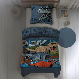 Familando Jurassic World Dino Bettwäsche Set 2-teilig - Decken- und Kissenbezug 135x200 80x80 cm - Kinderbettwäsche, Fleece, Reißverschluss - kuschelig weich, maschinenwaschbar, Öko-Tex Zertifiziert