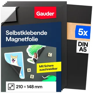 GAUDER Magnetfolie selbstklebend stark - Magnetische Folie zuschneidbar für Fotos, Bastelprojekte & Stanzschablonen - Magnetplatte selbstklebend - Magnetmatte für Haushalt & Schule (5 Stück - DIN A5)