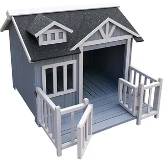 Wiltec Luxus XL Hundehütte 93,5 x 77,5 x 70 cm, grau weiß, Hundehaus aus Holz mit Veranda, Hundehöhle Outdoor für Balkon Garten Terrasse - Grau, Weiß