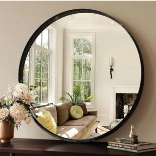 Clevich Luxuriöse Tiefer Rahmen Runder Badspiegel, 60x60 cm, Wandspiegel Rund mit Schwarz gebürstetes Aluminium Rahmen, für Badezimmer, Wohnzimmer, Schlafzimmer, Eingang Wanddekoration, Waschtisch