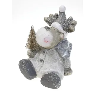 TEMPELWELT Deko Figur Rentier Elch 13 cm, Keramik grau braun weiß Glitzer, lustige Dekofigur Elch Rentierfigur mit Tanne Winterdeko Weihnachtsdeko