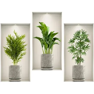 Fyihoxi 3 Stück Wandtattoo Pflanzen, 3D-Wandaufkleber mit Grünen Pflanzen, 45x23cm Wandtattoo 3D Effekt, 3D Wall Sticker Plants für Küche Schlafzimmer Büro Wanddeko