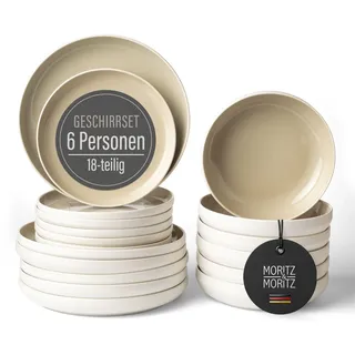 Moritz & Moritz Steingut Geschirr Set 6 Personen – 18-tlg. Teller Set mit Servierteller, Dessertteller & Suppenteller – Farbe Sand/Beige – Serie Cavo