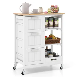 Costway FANTASK Küchenschrank mit 3 großen Schubladen, Tablett & 2 Ebenen Lagerregal, Kücheninsel, Servierwagen rollbar, Küchenwagen aus Kautschukholz, 67 x 37 x 82,5 cm, Weiß