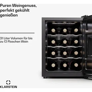 Klarstein Freistehender Weinkühlschrank 1 Zone, Getränkekühlschrank Klein, Kleiner Weinschrank, Wein-Kühlschrank Klein mit Glastür, Indoor/Outdoor Flaschenkühlschrank, Wine Fridge, 12 Flaschen - Schwarz