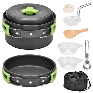 Qtiwe 10-Teilig Cookware Kit Picknick Töpfen Kochgeschirr Campinggeschirr Set für 1-2 Personen zum Camping Outdoor Wandern Picknick BBQ, FDA Zertifiziert (1-2 Personen)