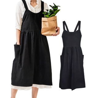 Small snail Schürzen Damen Weich Baumwolle Küche Kochen Schürze mit Taschen Japanischer Stil Kreuz Zurück Kochschürze Literatur Kunst Baggy Casual Latzschürze für Gartenarbeit Blumenladen Schwarz