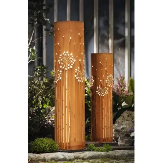 2x Solar LED Dekosäule "Pusteblume" aus Metall mit Echt Rost, 60 + 80 cm hoch, Rostsäule, Leuchtdeko, Gartendeko für Draußen