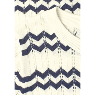 Kurzarmpullover STREET ONE, Damen, Gr. 38, weiß (sanftes weiß), Strick, Obermaterial: 100% Baumwolle, gemustert, normal hüftbedeckend, Rundhals, Bündchen, Pullover Kurzarmpullover, Kurzarm-Sommer-Pullover mit Zick-Zack-Muster