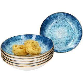 MamboCat Marina 6er Set Suppenteller I 450ml I blaue Porzellan-Teller maritimem Design für 6 Personen I Ozean-Dekor, Gischt I tiefe Teller für Salat, Suppe, Müsli, Pasta & Co.