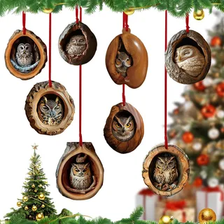 8 Stücke Christbaumschmuck Eule,Acryl Ornament mit Tiermuster,Lustig Weihnachtsdeko Baumschmuck,2D Eule Weihnachtsbaum Anhänger