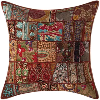 Stylo Culture Indische Dekorativ Baumwolle Couch Kissenbezüge 60x60 cm Braun Dekokissen Vintage Patchwork Schlafzimmer Sofa kopfkissenbezug Abstrakt Quadrat Umschlagverschluss Kissenhullen - 1 STK.