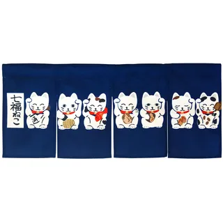 LIGICKY Japanischer Stil dick Leinen 4 Slices Noren Vorhänge Lucky Cat Türvorhang Raumteiler Tapisserie für die Heimtextilien Raumteiler 80 x 35 cm Blau