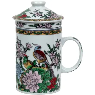 Keramik Teetasse mit Deckel + Sieb für Losen Tee mit Chinesischem Motiv, Geschenk Set (Vogel in Magnolien) Porzellan Tasse Für Teeliebhaber in Geschenkverpackung, Geschenkidee Asien China Asia, Becher