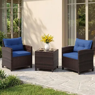 FANTASK Gartenmöbel 3er Set, Balkonmöbel Rattan Set inkl. 2 Rattanstühle & Gartentisch, Gartensitzgruppe Lounge Set mit Akazienholzplatte & Sitzkissen, Sitzgruppe für Terrassen, Balkon (Blau)