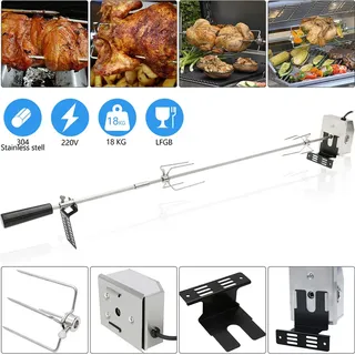 Jiubiaz Edelstahl Grillspieß Set 117cm passend für Weber Spirit Gasgrill mit 4X Fleischnadeln BBQ Fleischklammer Griffstück und Motor Elektrischer Drehspieß 220V - 240V Silber