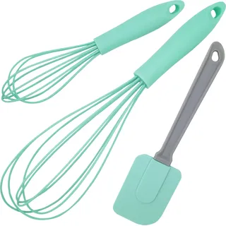 Linden Berg Schneebesen Set - 3-teiliges Küchenhelfer Set mit Teigschaber - Silikon beschichtet - ergonomisch - spülmaschinenfest - Türkis - Türkis