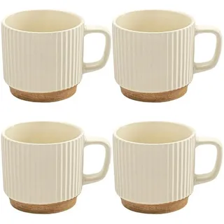 Set aus 4 Vintage Beige Keramikbecher mit geribbeltem Design