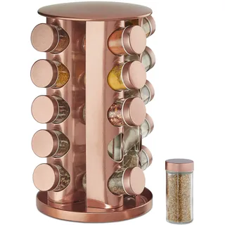 Relaxdays Gewürzkarussell, mit 20 Gewürzgläsern, 360° drehbar, Edelstahl, Glas, HxD 34 x 22 cm, Gewürzregal rund, Kupfer