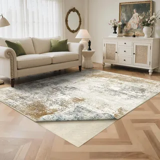 BEIMO Reversibler Waschbarer Teppich für Wohnzimmer, Abstrakt Design, Wendbar & Beidseitig Nutzbar, rutschfest & Weich, mit Rugpad für Schlafzimmer, Badezimmer, Esszimmer, 160x230 cm, Gold&Blau
