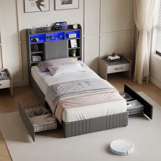 Bett 90x200cm Leinen Grau, 2 Schubladen, RGB LED, Kopfteil mit Stauraum & Ladestation - Grau