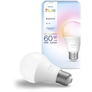 Philips Hue Essential Smart LED A60 Glühbirne,white and color, E27-Fassung, 8 W, 2200 K–6500 K, 806 lm, dimmbar, kompatibel mit Alexa, Google Assistant und Apple Home, 1er-Pack