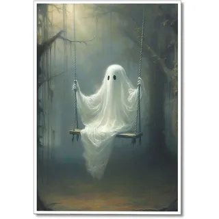 Nanxiwofee Vintage Cute Ghost Leinwand Wandkunst Lustiger Geist auf einer Schaukel im Wald Ästhetisches Poster Gothic Dark Academia Wanddekoration gruselige gruselige verlassene Kunst Halloween Bilder