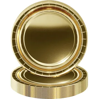 POPOYU 16 Stück Gold Pappteller,23CM Rund Teller Einwegteller Gold Einmalteller Einweg Geschirr,9inch Partyteller Einmalgeschirr Tisch Dekorationen Partygeschirr für Hochzeit Garten Geburtstag Party