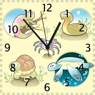 Wallario Design Wanduhr Lustige Comictiere aus Echtglas, Größe 30 x 30 cm - Weiß