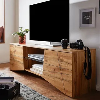 TV-Board Kommode 160cm MDF Eiche Nachbildung Design Lowboard mit 2 Türen & Glas Ablage Fernsehschrank - Braun