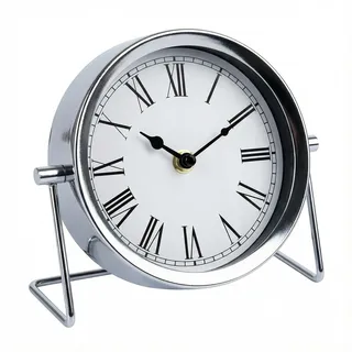 MIJOMA Retro Tischuhr Metall Silber – Vintage Design Uhr mit römischen Ziffern – Batteriebetriebene Standuhr Deko für Wohnzimmer Büro Schlafzimmer 18x7x16 cm