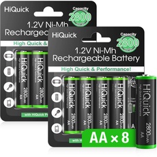 HiQuick AA Akku, Mignon AA NI-MH 2800mAh, wiederaufladbare AA Batterien 1200 Zyklen, geringe Selbstentladung mit Verkaufsverpackung und 8 Stück Akkus