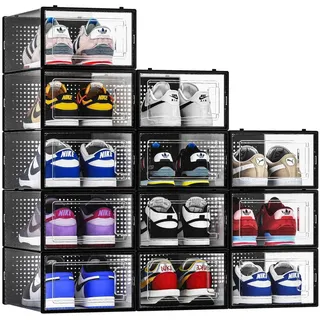 Seseno Schuh-Aufbewahrungsbehälter, transparenter Kunststoff, stapelbar, für Schrank, platzsparend, faltbar, Schuhbox, Sneaker-Halter, schwarzer Rahmen, 12 Stück