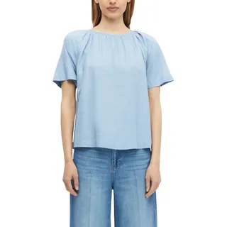 Kurzarmbluse S.OLIVER, Damen, Gr. 46, coastal blau, Web, Obermaterial: 52% Leinen, 48% Viskose, unifarben, hüftbedeckend, Rundhals, abgesteppte Kante, Blusen Kurzarmbluse, Sommerbluse mit Bindeband im Rücken