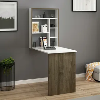[en.casa] Schreibtisch Greve Wandklapptisch Weiß Walnuss-Optik Bürotisch Arbeitszimmer Wandtisch klappbar - Weiß
