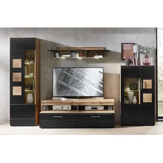 Innostyle Stella Trading SONATE Wohnwand Komplett-Set in Eiche Altholz Optik, Schwarz - Moderne Schrankwand mit LED-Beleuchtung für Ihr Wohnzimmer - 340 x 208 x 52 cm (B/H/T)