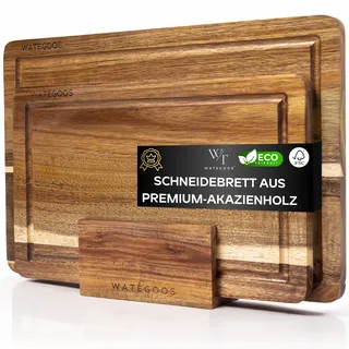 WATEGOOS Schneidebrett aus Akazienholz mit Halter – 2 Holz Schneidebretter groß und klein – umweltfreundlich, robust und langlebig