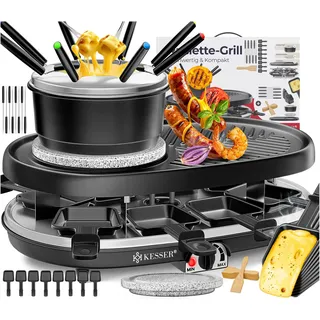 KESSER® 3in1 Raclette-Grill mit Naturgrillstein, Grillplatte und Fondue, Tischgrill für 8 Personen, Elektrogrill Raclette Grill antihaftbeschichteter Grillplatte, 8 Pfannen und Holzspatel