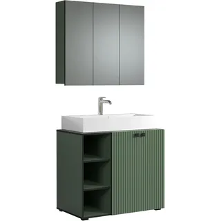 trendteam smart living - PureBliss - Badmöbel-Set Waschbeckenunterschrank + Spiegelschrank - Grün - Rillenoptik - (BxHxT) 90 x 186 x 53cm - Badezimmermöbel mit edlen Metallgriffen