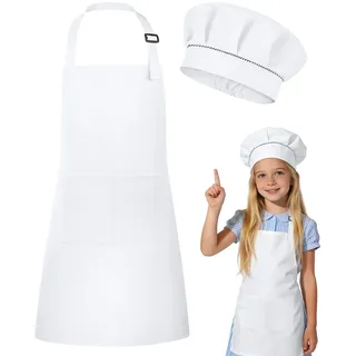 DiULi Kochschürze Kinder, 2er Kinder Schürze und Kochmütze Set, Verstellbare Backschürze mit Taschen für Jungen Mädchen, Kinderschürzen für Kochen Backen Malen Basteln Party, Weiß L