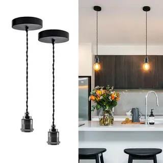 JZCDR 2 Stück Pendelleuchte Seil mit Kabel 150 cm Retro Hängeleuchte mit Schraubring DIY Industrie Metall Lampenaufhängung Perlschwarz Keramik E27 Fassung, Schwarz Deckenhalterung Lampe für Küche