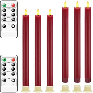 PinnWaa LED Stabkerzen mit Timerfunktion, LED Echtwachskerzen Flackernde Flamme mit 2 Fernbedienung, Kerzen mit Batterie für Weihnachtsdeko, Zimmer Deko, Hochzeit und Party - 6 Pcs - Rot