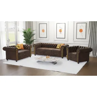 Vibe - Chesterfield Polstergarnitur mit Schlaffunktion 3+2+1 aus Dunkelbrau Vintage Optik Microfaser mit Holzfüßen, B/T/H: 3er - 203 cm/ 86 cm / 72 cm - Braun